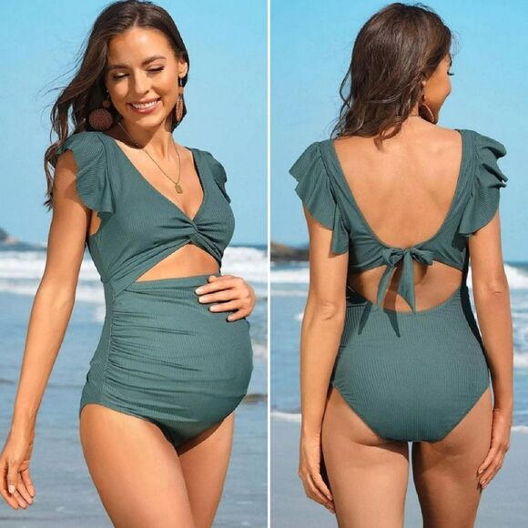Charmo Green Ruffle Ribbed Pregnancy Cut Out One Piece Swimsuit Large - Picture 1 of 13